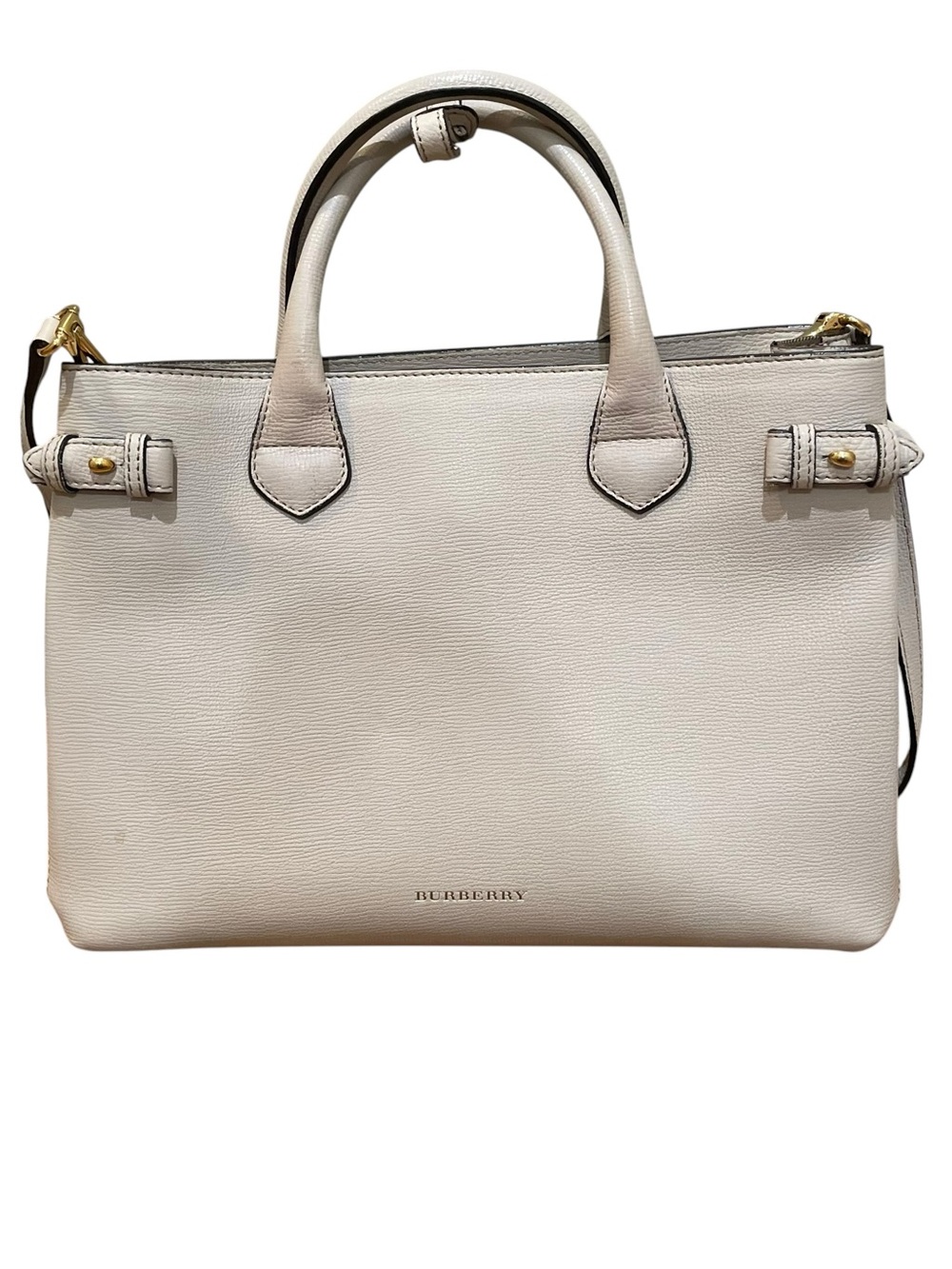 Burberry Banner Medium House Check Leather Tote Light Taupe Womens Size Medium